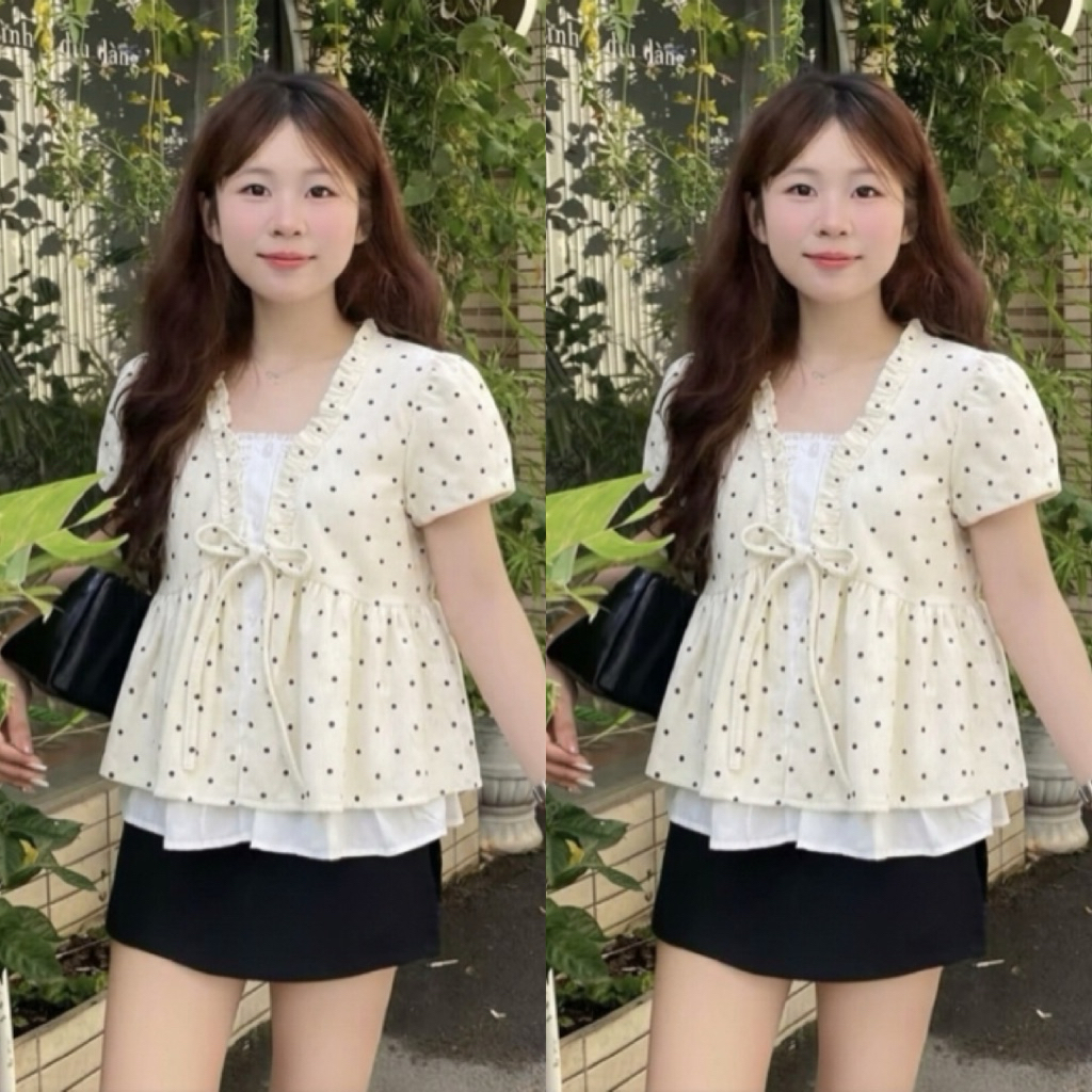 Áo Kiểu Nữ , Áo Kiểu Tay Ngắn Cổ V Buộc Nơ Phối Dây