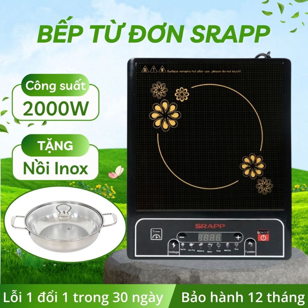 Bếp từ SRAPP 205 công suất 2000W tặng kèm nồi Inox, bếp điện 7 chế độ nấu tiết kiệm điện bảo hành12T