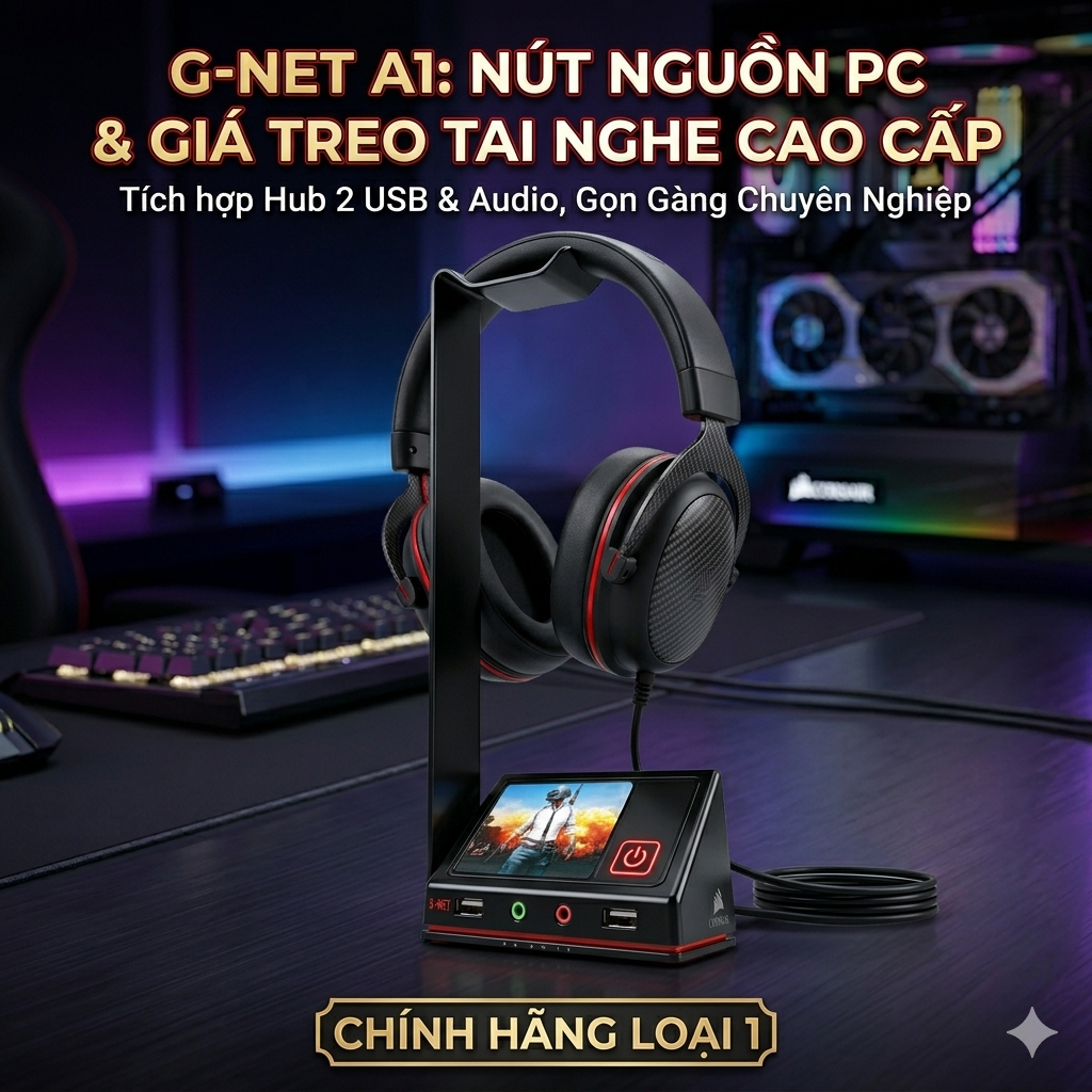 Nút nguồn G-NET A1 kiêm giá treo tai nghe, hub 2 USB cho PC gaming gọn gàng (chính hãng loại 1)