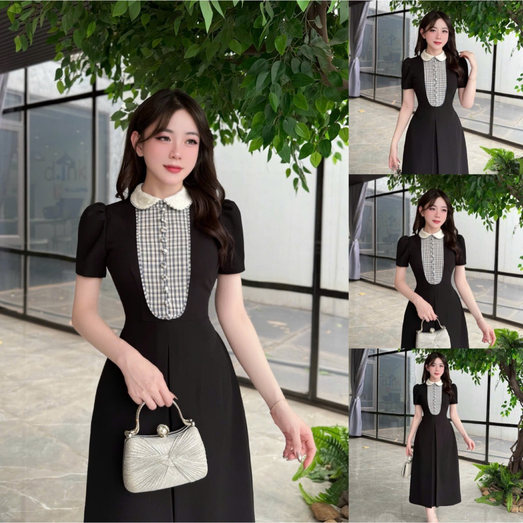 2TY107 - Váy Thiết Kế Eviici dành cho nữ, thiết kế cổ sen phối kẻ, dáng A dài