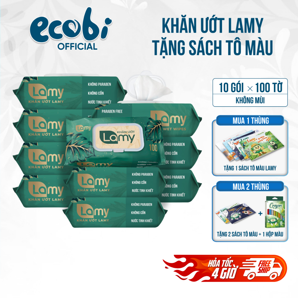 (TẶNG SÁCH TÔ MÀU) Thùng 10 gói khăn ướt Lamy 100 tờ không mùi cao cấp