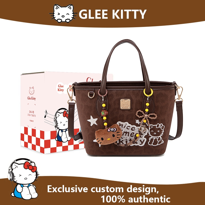 GLEE kITTY Túi Giỏ Nâu Cổ Điển Thêu Túi Xách Dễ Phối Đồ Hàng Ngày Cho Sinh Viên Túi Đeo Chéo Nhỏ