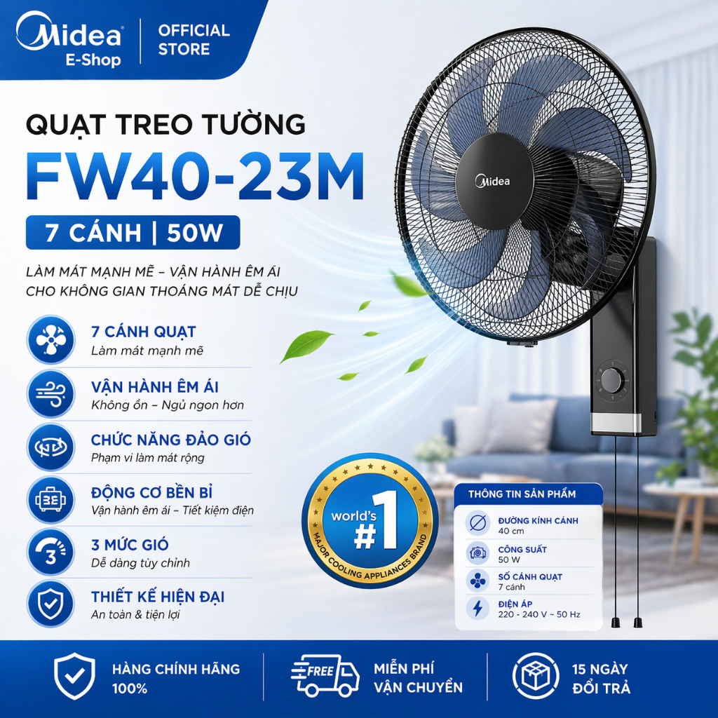 Quạt Treo Tường Midea FW40-23M 50W | 7 Cánh Gió Mạnh Êm, 3 Tốc Độ, Chính Hãng