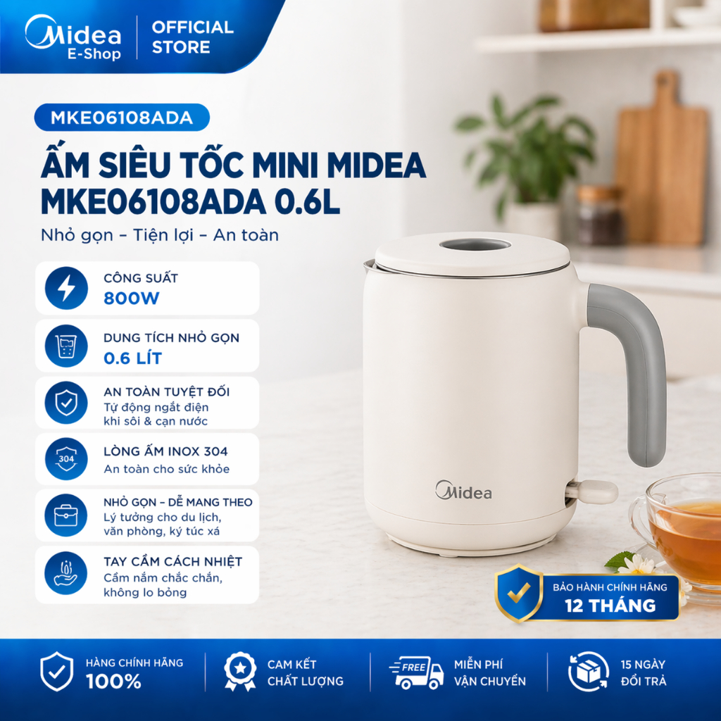 Ấm Siêu Tốc Mini Midea MKE06108ADA 0.6L 800W Nhỏ Gọn Dùng Du Lịch Văn Phòng Chính Hãng