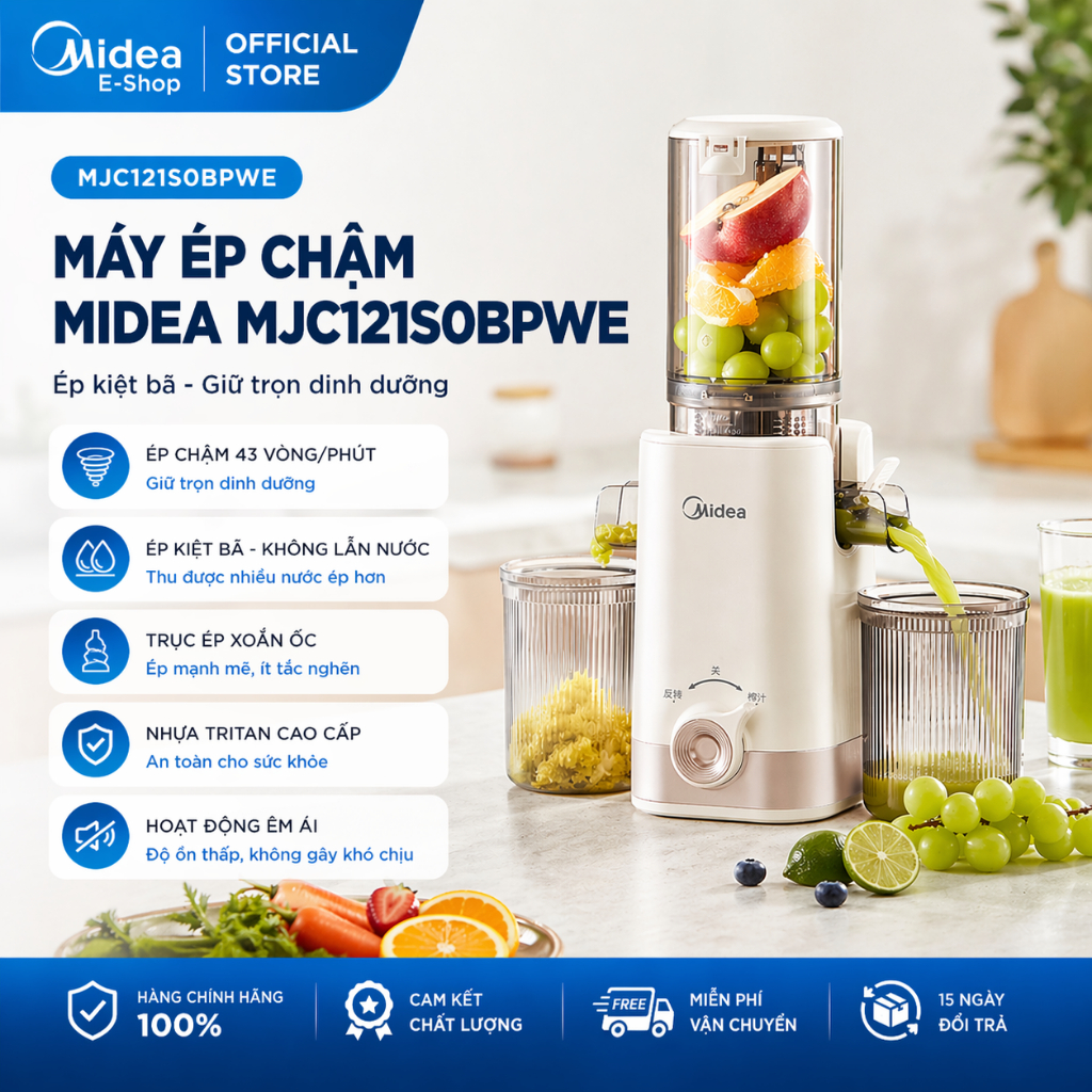 Máy Ép Chậm Midea MJC121S0BPWE Ép Rau Củ Trái Cây Kiệt Bã Giữ Dinh Dưỡng