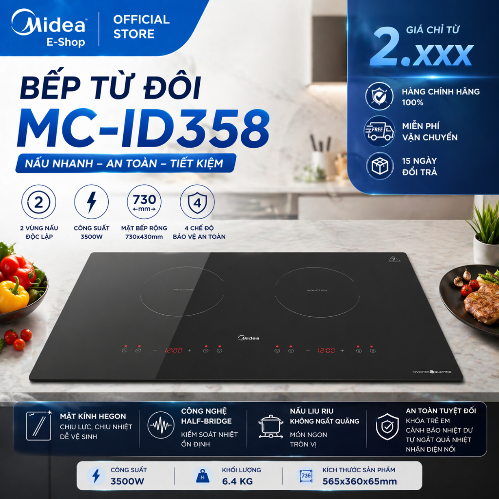Bếp Từ Đôi Midea MC-ID358 Inverter 3500W Mặt Kính Hegon Lắp Âm Gia Nhiệt Nhanh Hẹn Giờ Nấu Tiết Kiệm