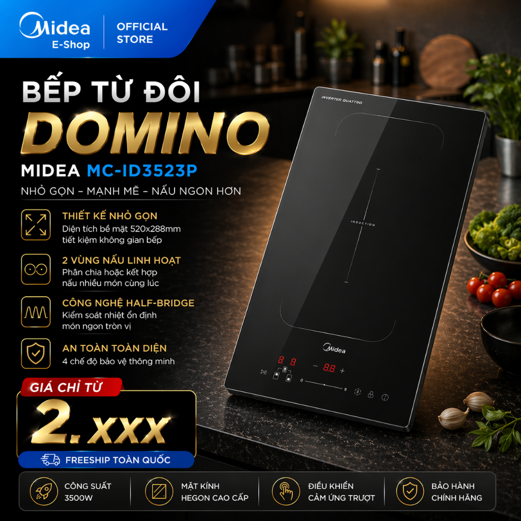 Bếp Từ Đôi Domino Midea MC-ID3523P | Inverter 3500W | Nhỏ Gọn – Tiết Kiệm Điện | Chính Hãng