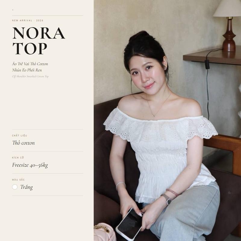 Áo Trễ Vai Thô Cotton Nhún Eo Phối Ren Nữ Tính | Nora Top