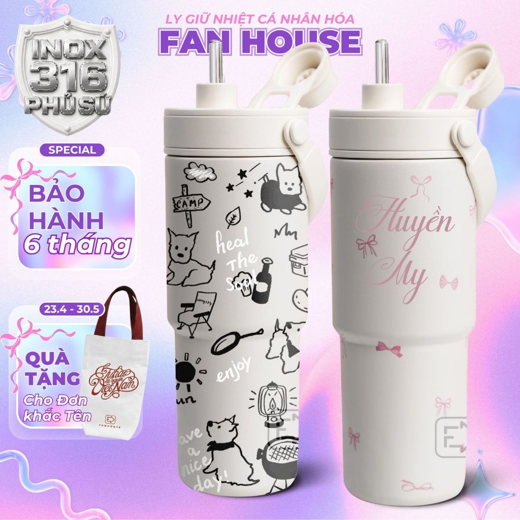 Ly giữ nhiệt Simply Inox 316 cao cấp 735ml lõi phủ sứ cốc giữ nhiệt Fan House có ống hút, quai xách