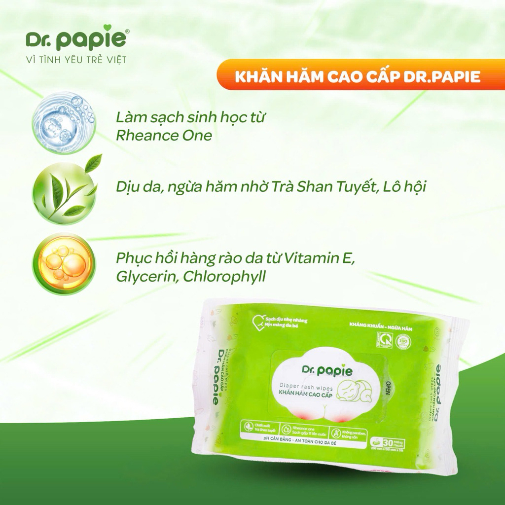 Gói 30tờ / Khăn ướt kháng khuẩn Dr.Papie -vệ sinh hỗ trợ giảm hăm tã cho bé DRPAPIE