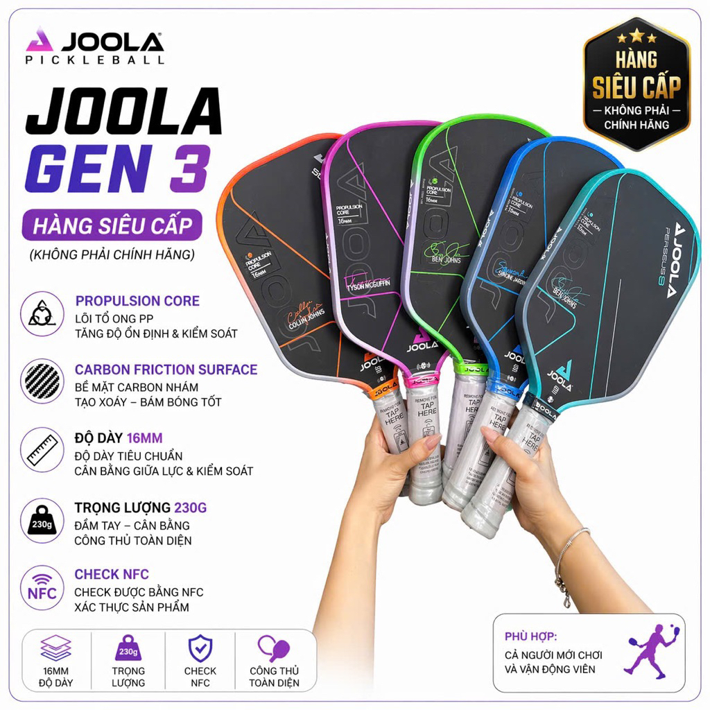Vợt pickleball Joola Gen 3 (16mm)hàng siêu cấp, mặt vợt carbon TẶNG QUẤN CÁN