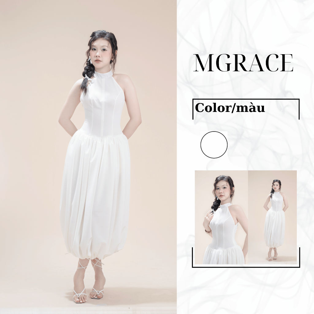 Đầm Nữ MGRACE Elia Dress Cổ Yếm Trắng Sang Trọng - Váy Dáng Dài Xòe Bồng Chất Linen Cao Cấp
