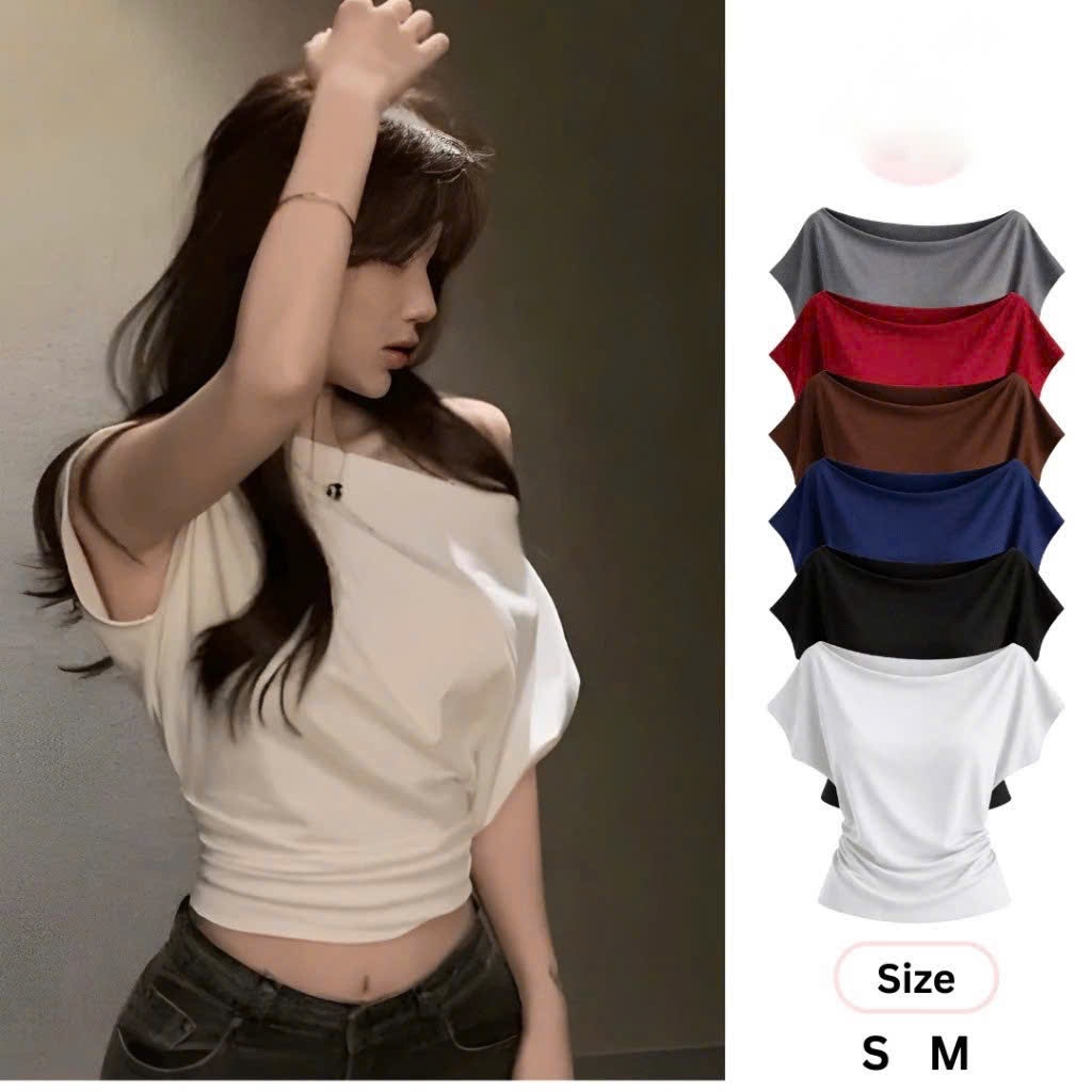 Áo thun lệch vai xếp ly eo điệu đà ,áo trễ vai nữ thắt eo tay cộc mặc hai kiểu cổ thuyền chất cotton thoáng mát
