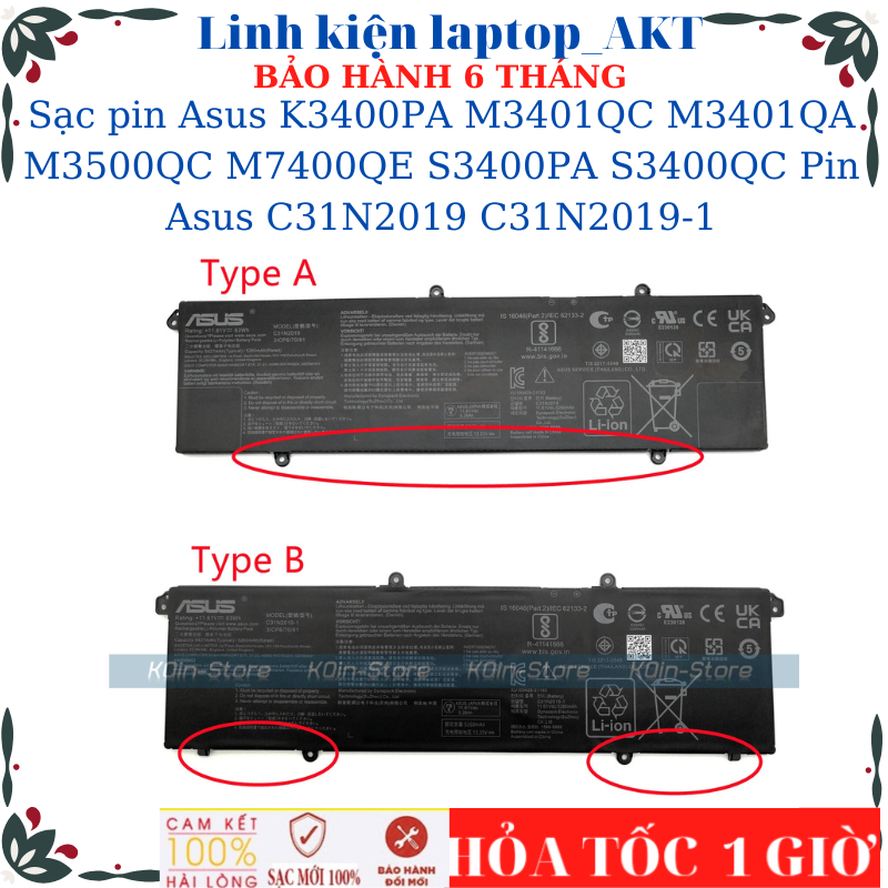 Sạc pin Asus K3400PA M3401QC M3401QA M3500QC M7400QE S3400PA S3400QC Pin Asus C31N2019 C31N2019-1