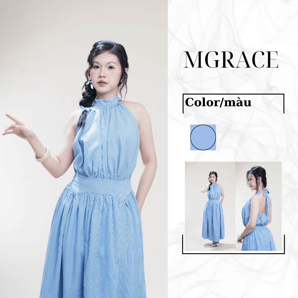 Đầm Maxi Nữ MGRACE Zena Dress Cổ Yếm Chất Kate Cao Cấp - Váy Dáng Dài Họa Tiết Xanh Tôn Dáng