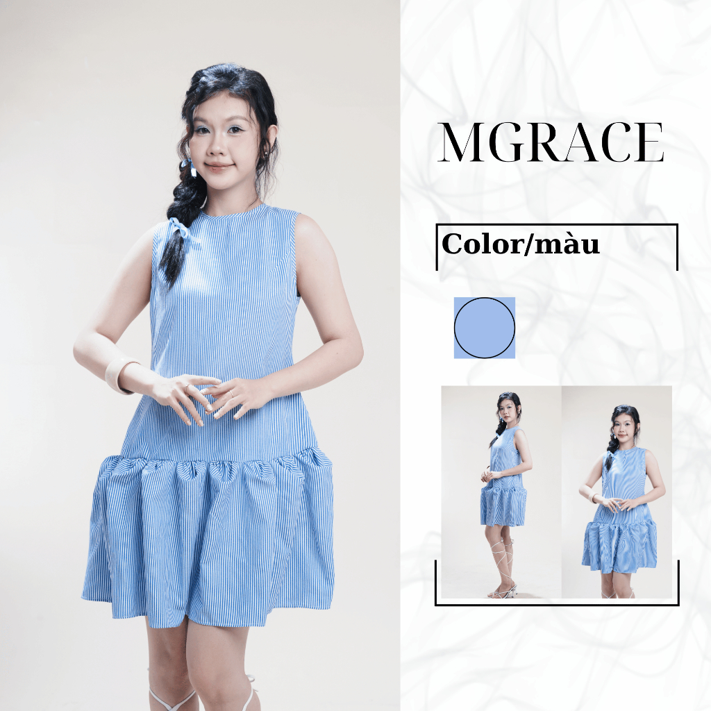 Đầm Nữ MGRACE Nora Dress Chất Kate Cao Cấp - Váy Dáng Suông Họa Tiết Gợn Sóng Xanh Phối Bèo Tầng