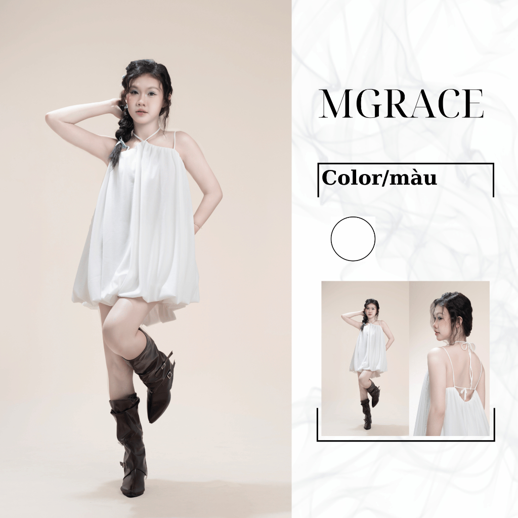 Đầm Baby Doll Tiểu Thư MGRACE Hera Dress Cổ Yếm Trắng - Váy Babydoll Dáng Xòe Chất Linen Cao Cấp
