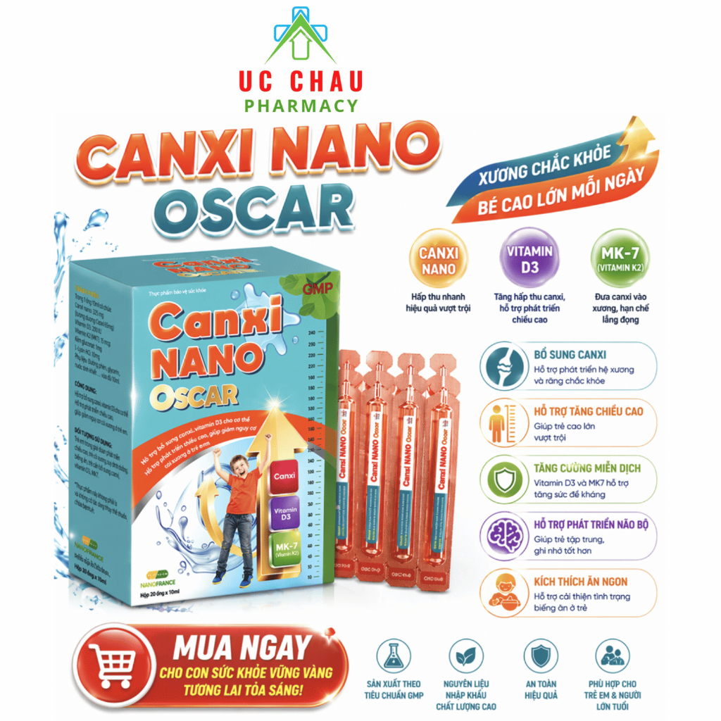 Canxi Nano Oscar 20 Ống – Canxi Cho Bé Hấp Thu Tốt, Tăng Chiều Cao, Hỗ Trợ Xương Răng Chắc Khỏe