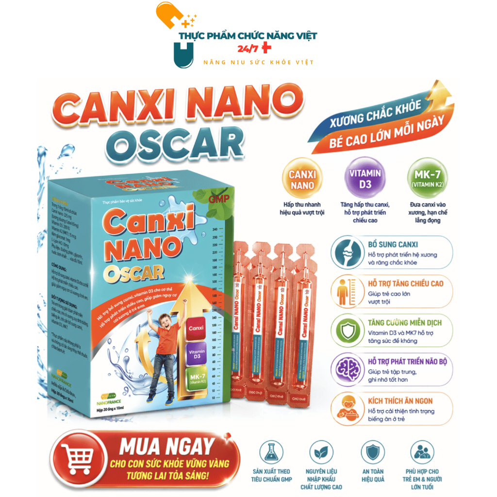 Canxi Nano Oscar Chính Hãng – Bổ Sung Canxi Cho Trẻ, Giúp Bé Cao Lớn, Hết Còi Xương, Biếng Ăn