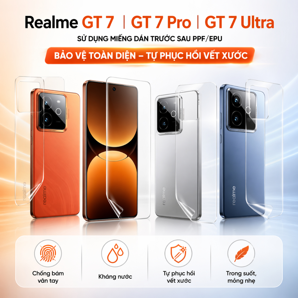 Miếng Dán Realme GT 7/GT 7T/GT 7 PRO - PPF/EPU Full Màn & Lưng Viền Cao Cấp [Tự Phục Hồi Vết Xước]