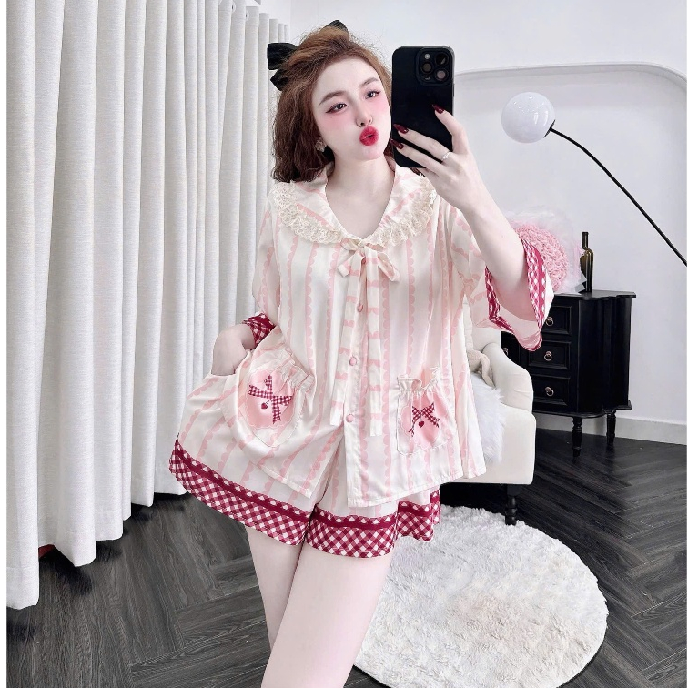 Đồ ngủ bigsize, Set bộ tiểu thư PYJAMA tay lỡ cột nơ cổ bèo quần dáng xòe DN169