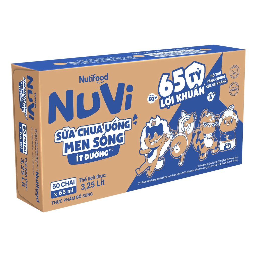 Thùng 50 chai sữa chua uống men sống ít đường NutiFood Nuvi 65ml