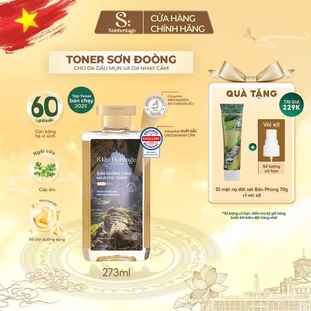 Toner cấp ẩm Sơn Đoòng dưỡng ẩm và hỗ trợ dưỡng sáng cho da dầu mụn, nhạy cảm Skin Heritage Sử dụng 60 Lợi Khuẩn 273ml