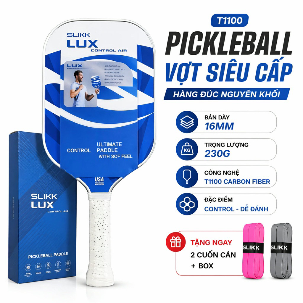 Vợt pickleball t1100 lux bản 16mm siêu nhám full carbon, quấn cán vợt