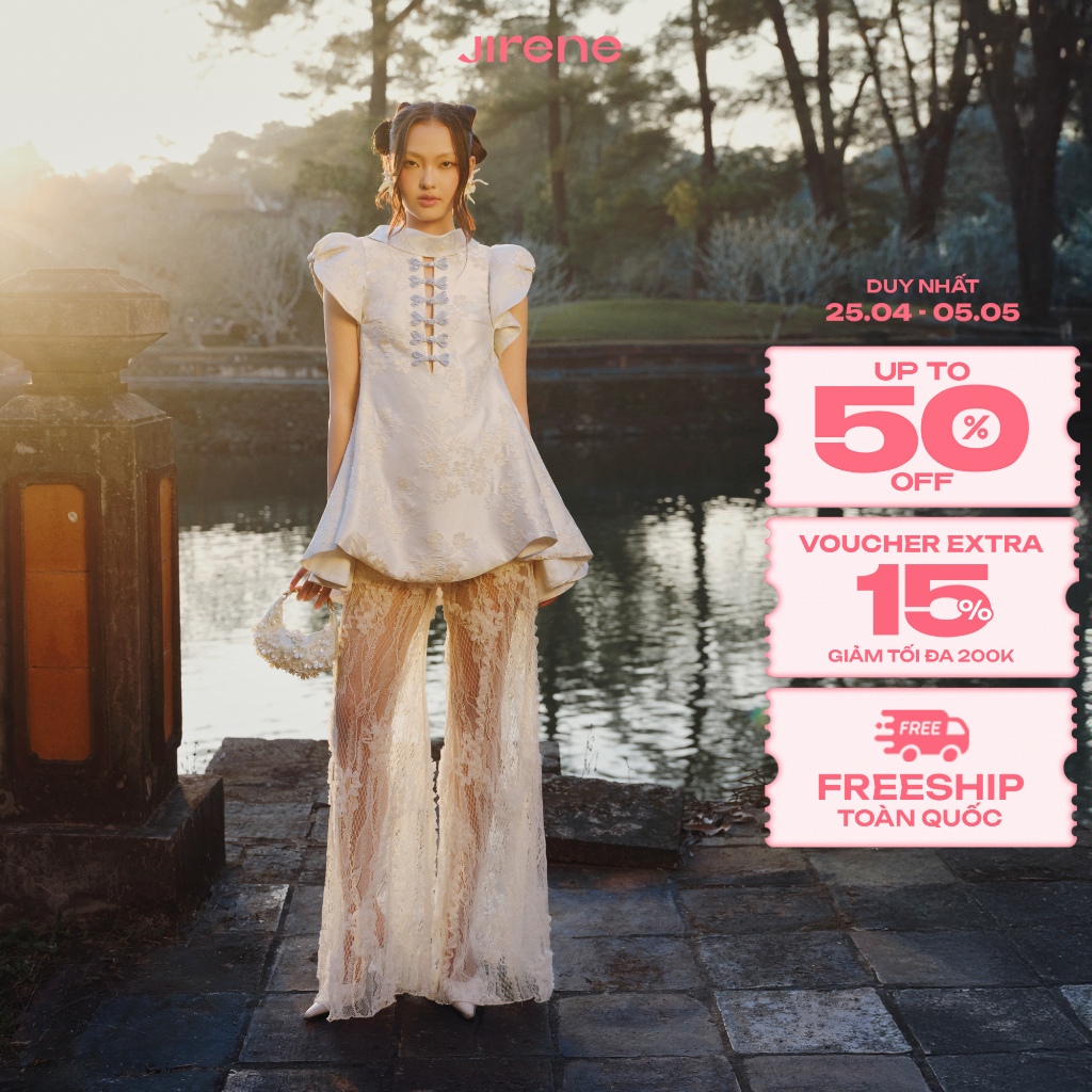 Jirene - Quần ống suông rộng chất liệu ren hoa 3D JUZEN PANTS