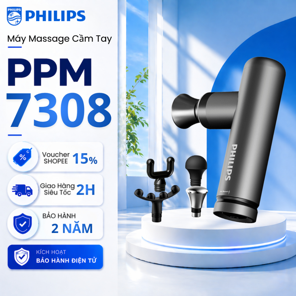 [Mẫu Mới] Máy Massage Cầm Tay Mini PHILIPS 7308 - Massage chuyên sâu - 4 Đầu massage chuyên dụng