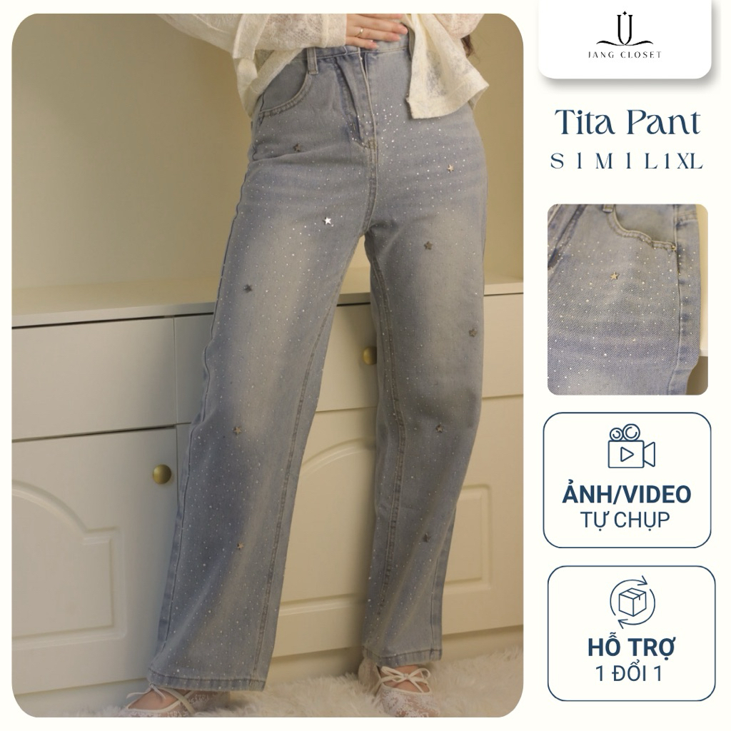 [NEW COLLECTION] Quần jean ống rộng màu xanh nhạt Jang Closet thiết kế cạp cao thanh lịch sang trọng