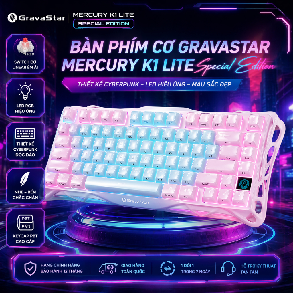 Bàn Phím Cơ GravaStar Mercury K1 Lite Special Edition, Thiết Kế Cyberpunk, LED Hiệu Ứng, Màu sắc Đẹp