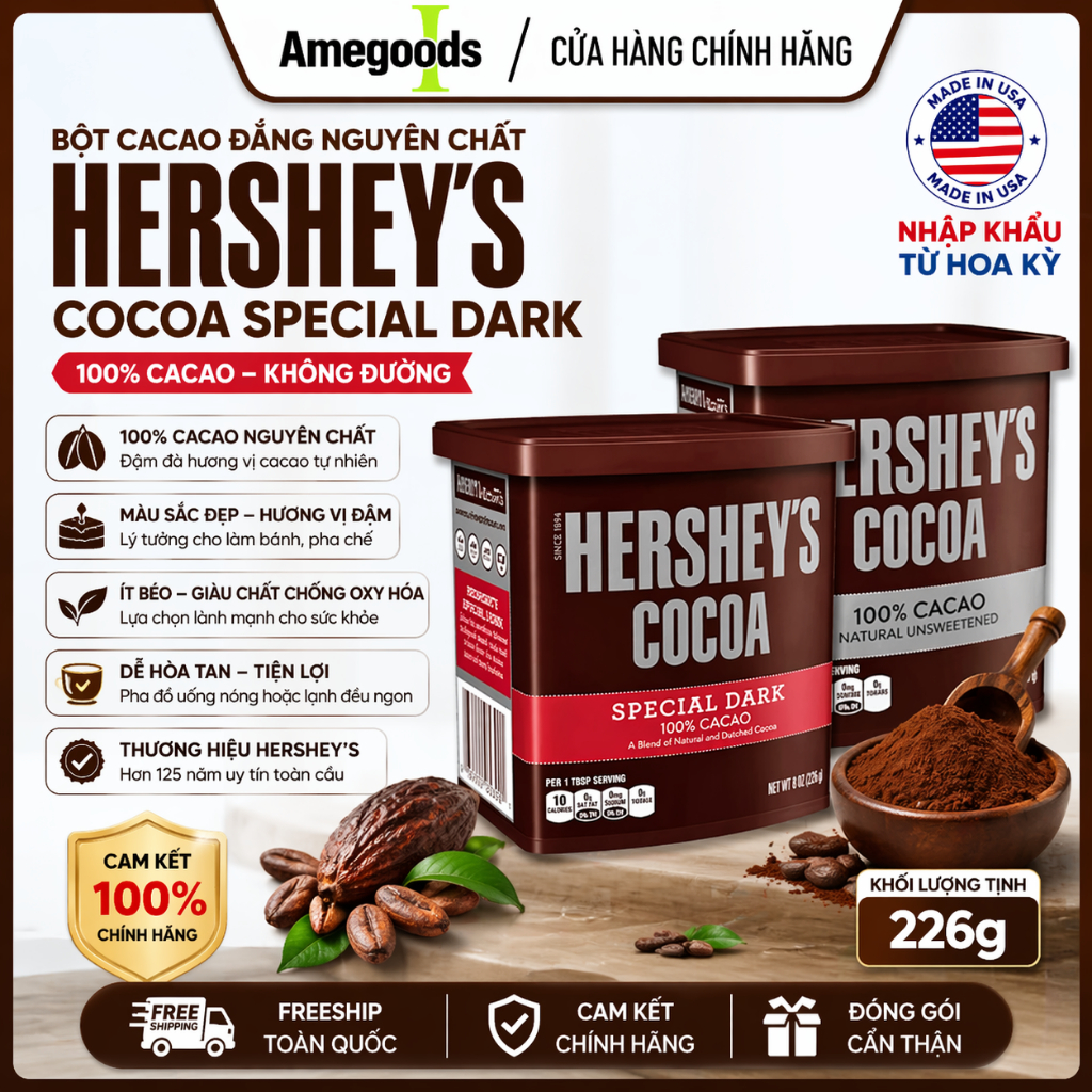 Bột Cacao Đắng Nguyên Chất HERSHEY'S 226g Cocoa Special Dark Mỹ