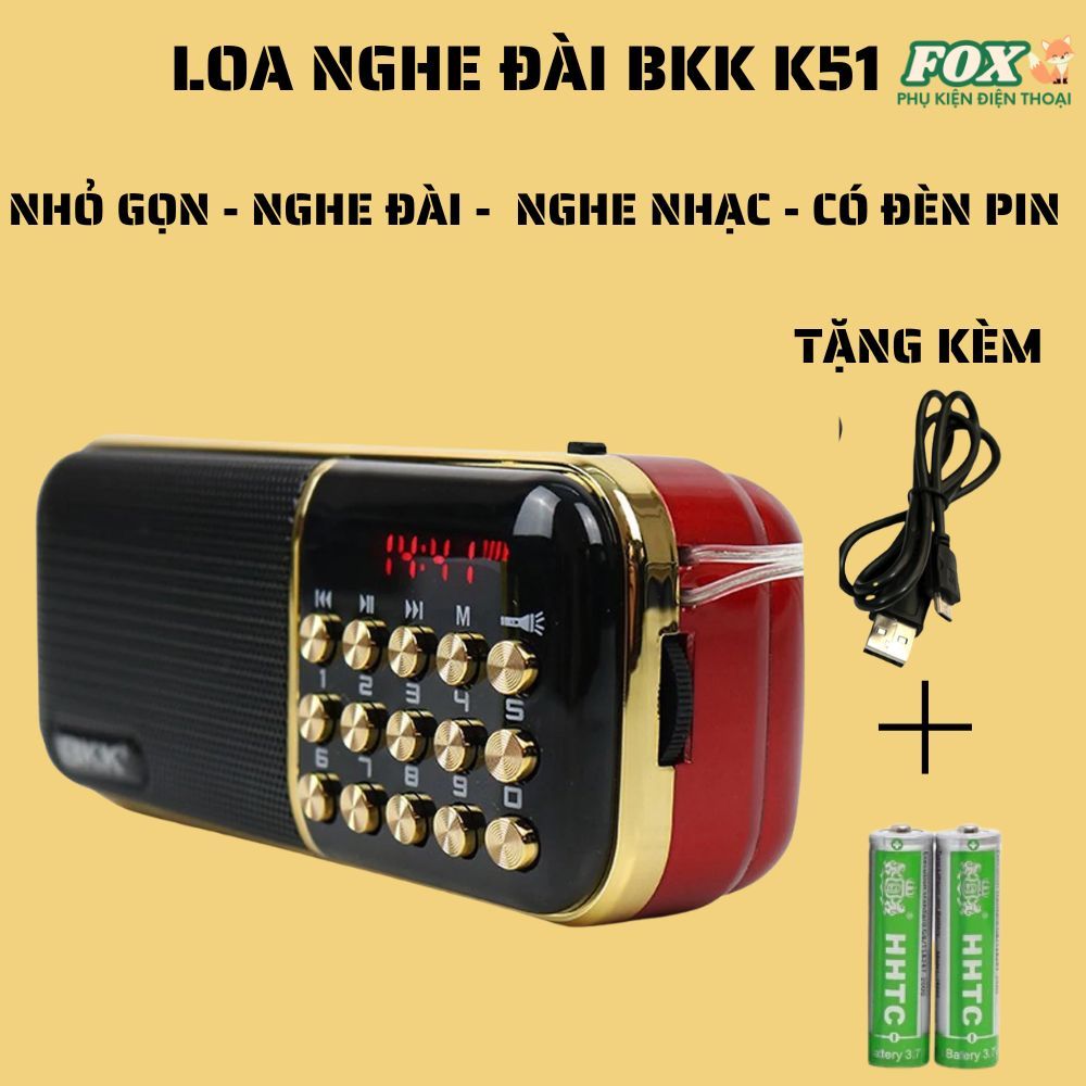 Loa mini nghe đài BKK K51 chức năng FM/USB/TF/Tai nghe/Đèn pin - 2 Pin 18650 dung lượng 4400mah