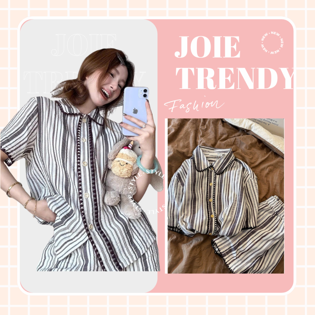 Đồ bộ kẻ sọc dọc JOIE TRENDY form rộng giấu bụng, Set pijama mặc nhà mùa hè viền zigzag tiểu thư siê