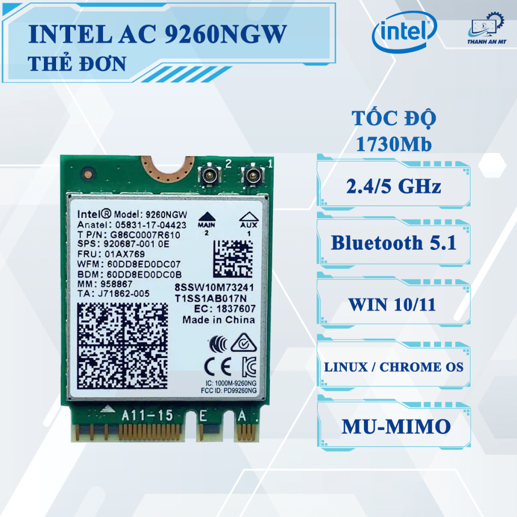 CARD WIFI INTEL AC 9260 – WIFI 5 TỐC ĐỘ CAO 1.73Gbps 5GHz Bluetooth 5.1 cho Laptop PC