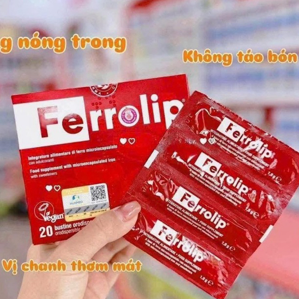 SĂT BẦU Ferrolip ( HỘP 20 Gói ) Bổ Sung Sắt Hữu Cơ Không Táo Bón Không Tanh, Cho Bà Bầu Và Người Thi