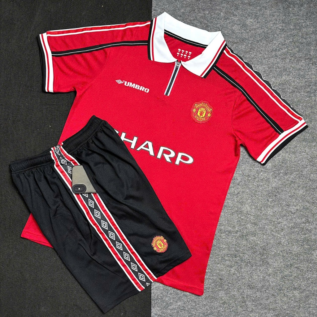 Bộ Quần Áo Bóng Đá CLB Manchester United Retro 1999, Áo Đá Banh MU 1999 - Vải Polyester Thái Cao Cấp