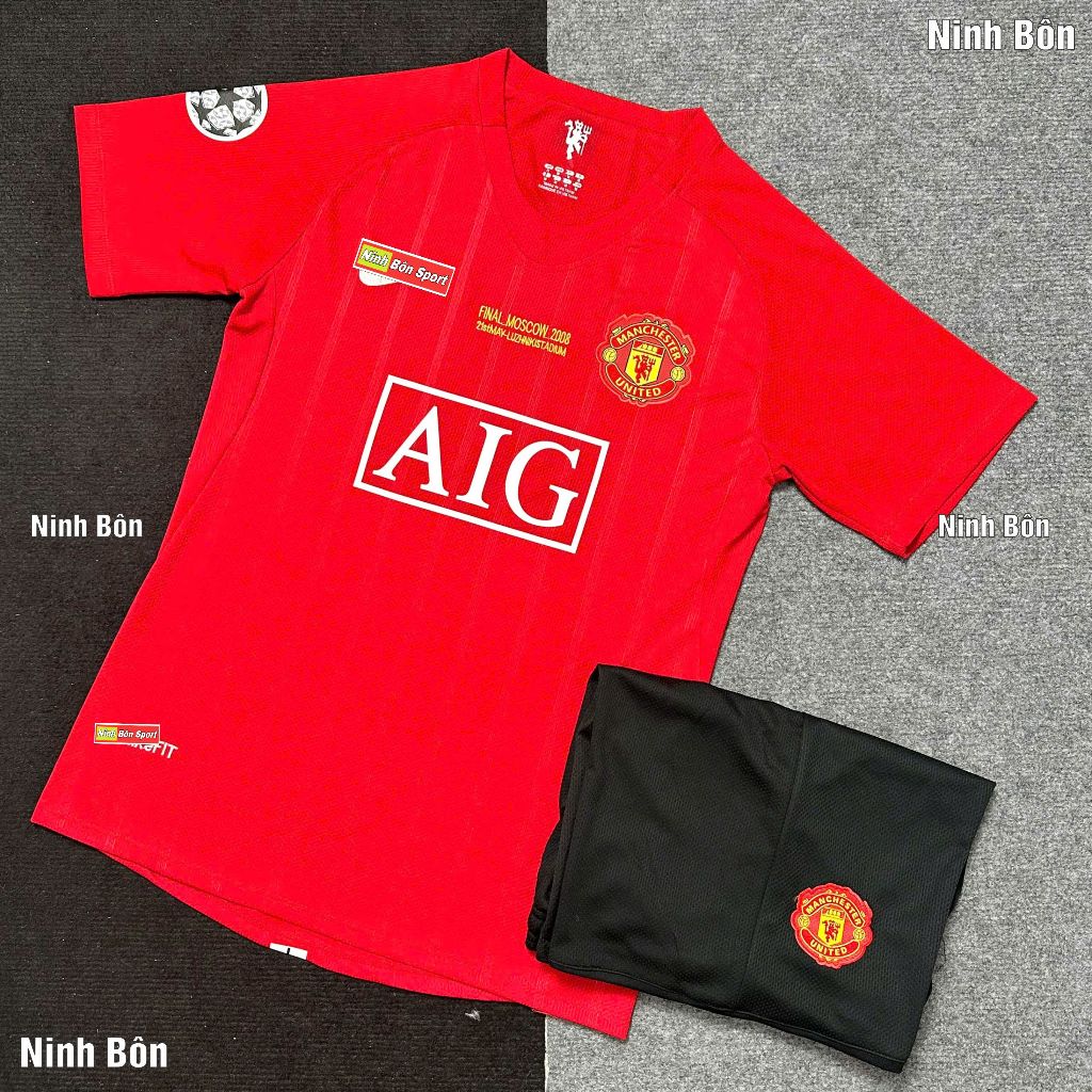 Bộ Quần Áo Bóng Đá CLB Manchester United 2008, Áo Đá Banh Mu AIG Retro 2008, Ronaldo - Vải Gai Thái 