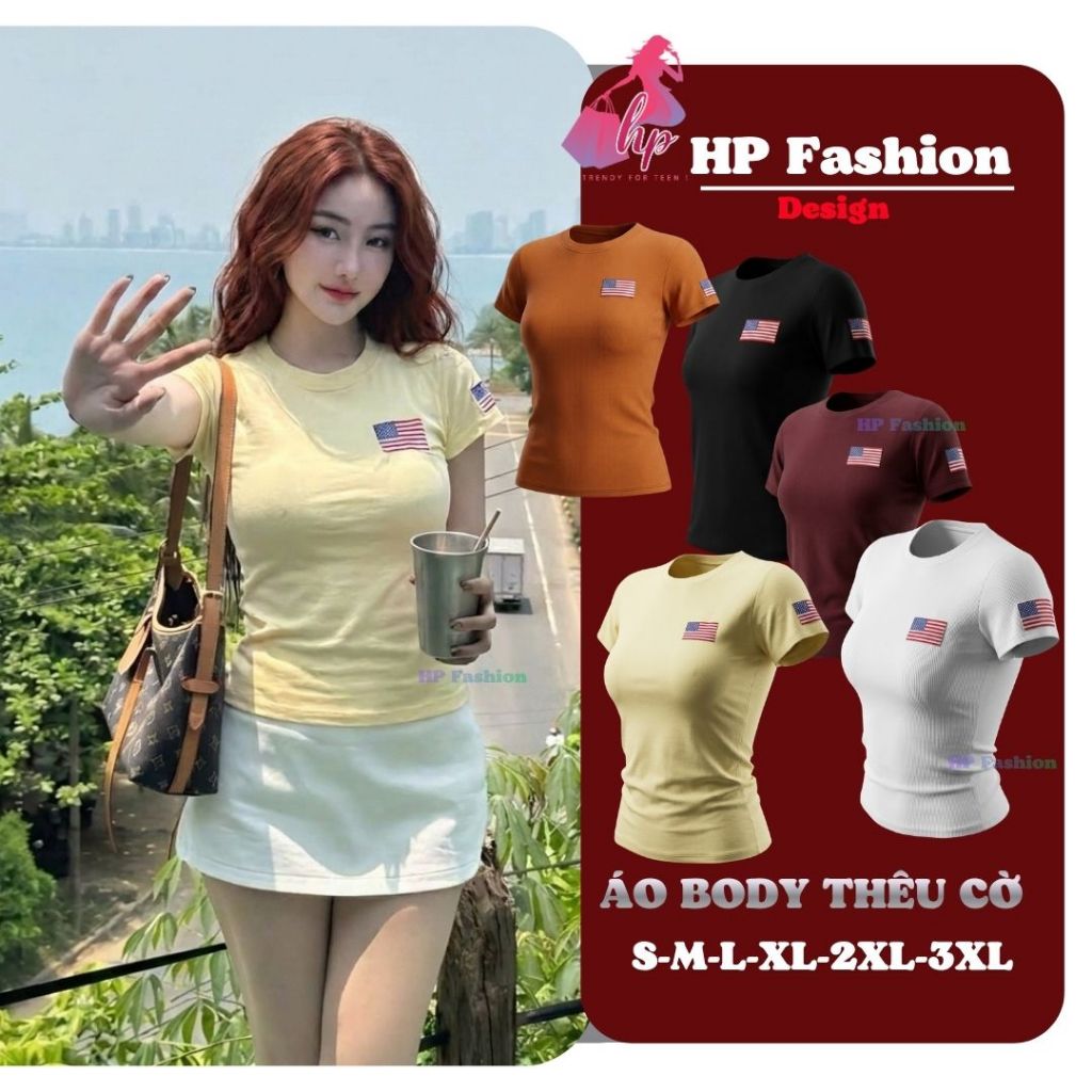 Áo thun nữ body tay ngắn thêu 2 lá cờ chiết eo basic cổ tròn, áo phông nữ cộc tay vải cotton QC co giãn HP109