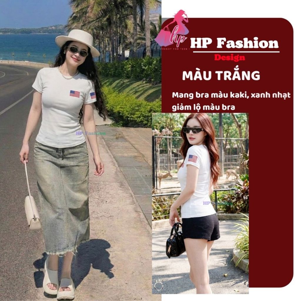 Áo thun nữ body tay ngắn thêu 2 lá cờ chiết eo basic cổ tròn, áo phông nữ cộc tay vải cotton QC co giãn HP109 | BigBuy360 - bigbuy360.vn