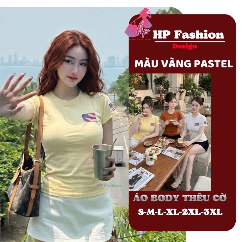 Áo thun nữ body tay ngắn thêu 2 lá cờ chiết eo basic cổ tròn, áo phông nữ cộc tay vải cotton QC co giãn HP109 | BigBuy360 - bigbuy360.vn