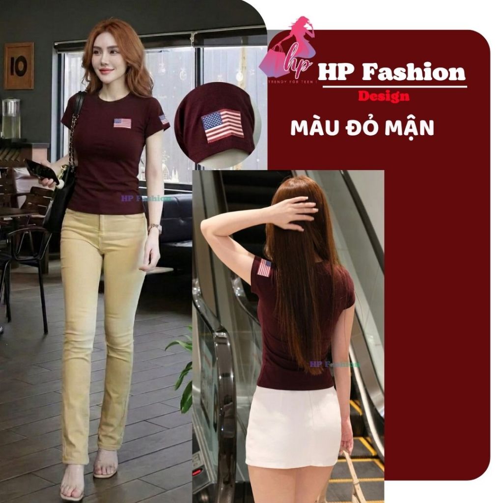Áo thun nữ body tay ngắn thêu 2 lá cờ chiết eo basic cổ tròn, áo phông nữ cộc tay vải cotton QC co giãn HP109 | BigBuy360 - bigbuy360.vn