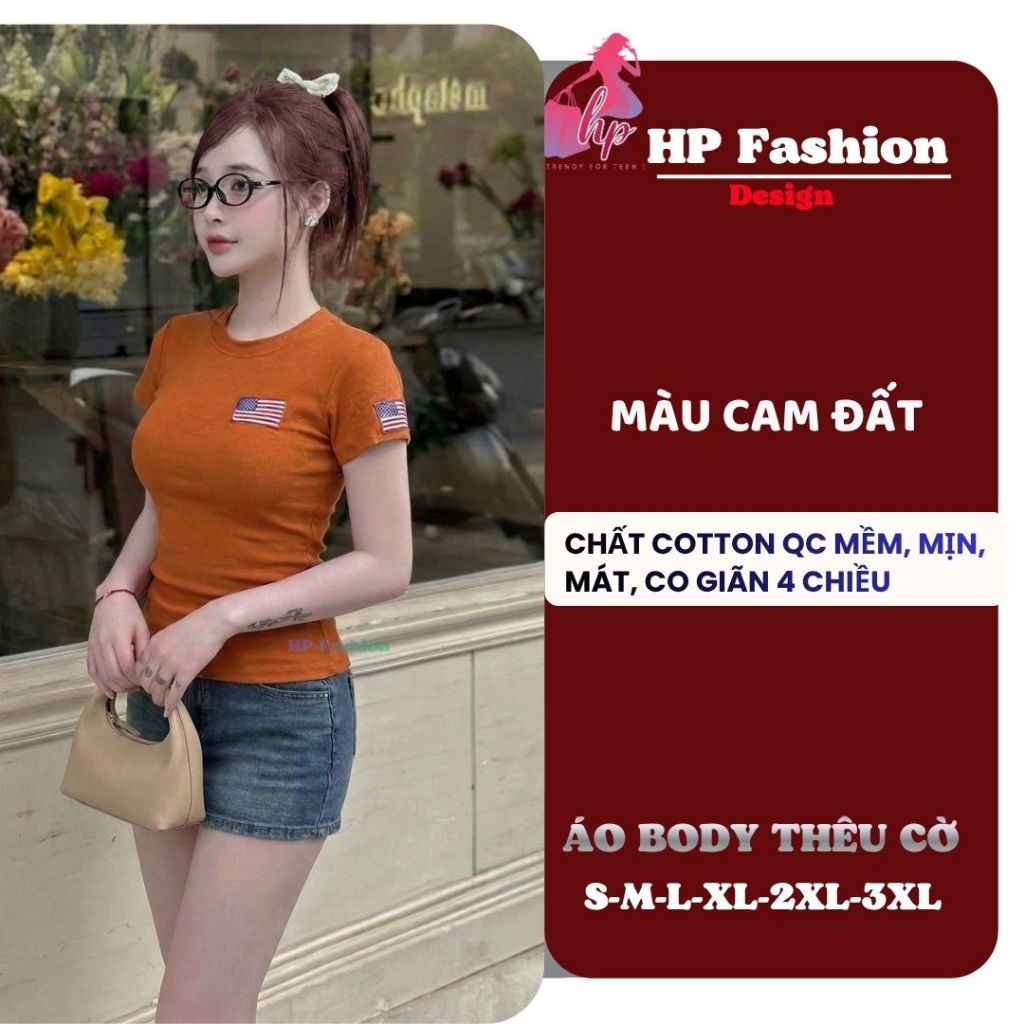 Áo thun nữ body tay ngắn thêu 2 lá cờ chiết eo basic cổ tròn, áo phông nữ cộc tay vải cotton QC co giãn HP109 | BigBuy360 - bigbuy360.vn