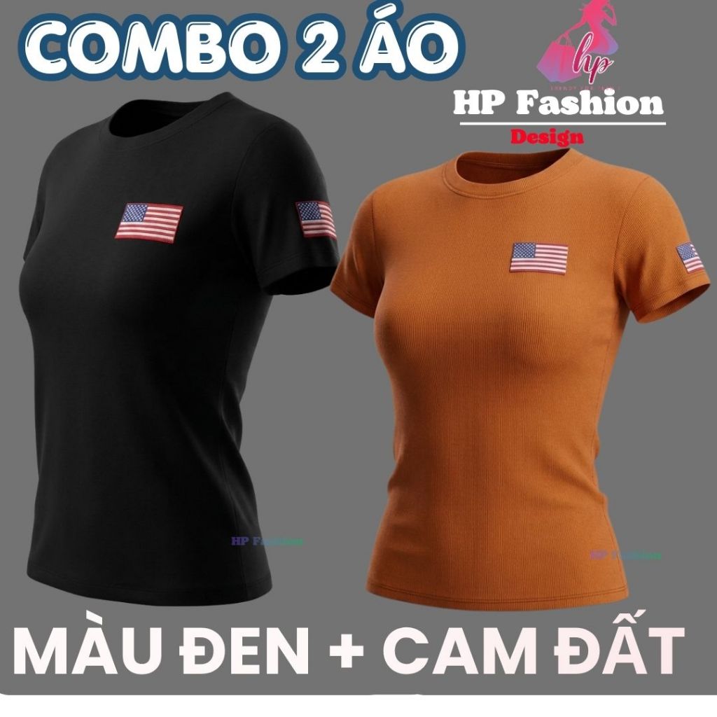 Áo thun nữ body tay ngắn thêu 2 lá cờ chiết eo basic cổ tròn, áo phông nữ cộc tay vải cotton QC co giãn HP109 | BigBuy360 - bigbuy360.vn