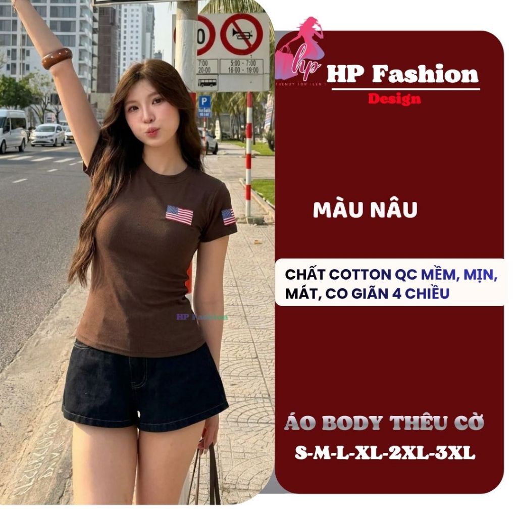 Áo thun nữ body tay ngắn thêu 2 lá cờ chiết eo basic cổ tròn, áo phông nữ cộc tay vải cotton QC co giãn HP109 | BigBuy360 - bigbuy360.vn
