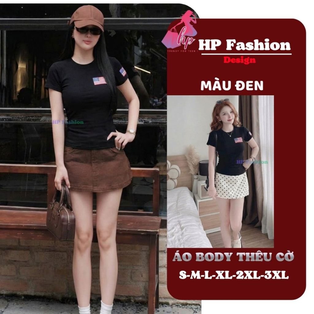 Áo thun nữ body tay ngắn thêu 2 lá cờ chiết eo basic cổ tròn, áo phông nữ cộc tay vải cotton QC co giãn HP109 | BigBuy360 - bigbuy360.vn