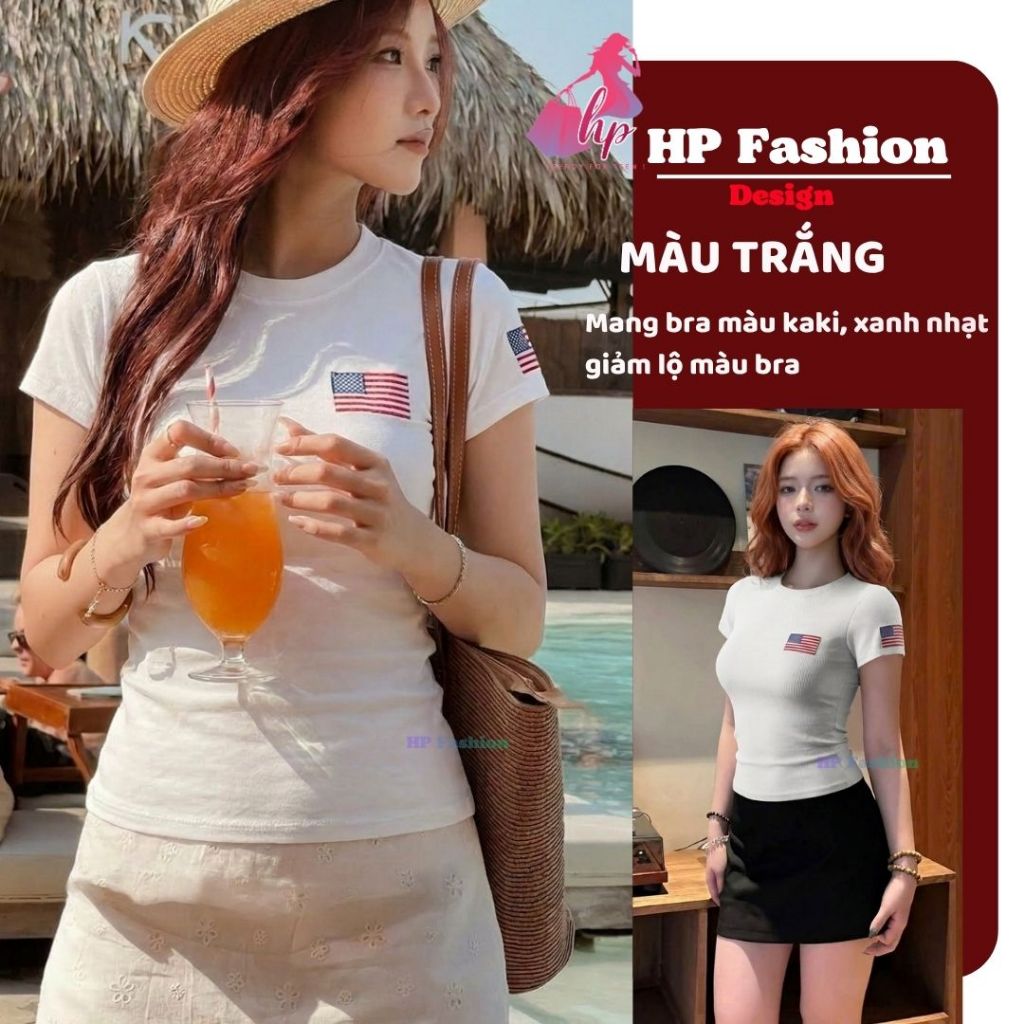 Áo thun nữ body tay ngắn thêu 2 lá cờ chiết eo basic cổ tròn, áo phông nữ cộc tay vải cotton QC co giãn HP109 | BigBuy360 - bigbuy360.vn