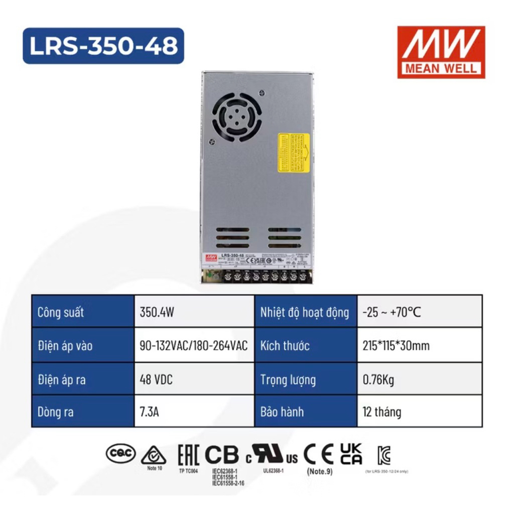Nguồn Tổ Ong 48V 350W MeanWell LRS-350-48, Chuyển Đổi Dòng Điện AC/DC - BẢO HÀNH 12 THÁNG
