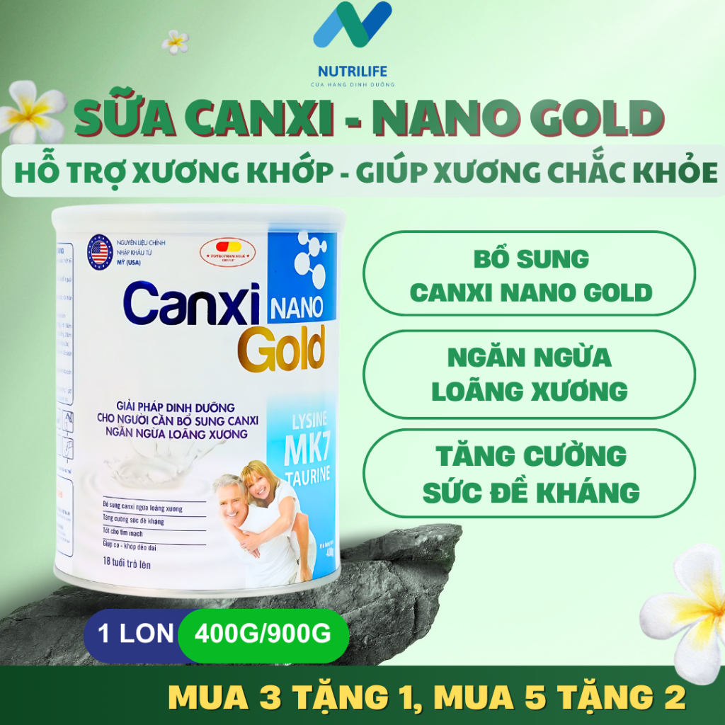 Sữa Bột Canxi Nano Gold - Bổ Sung Vitamin D3 K2 MK7 Giúp Xương Chắc Khỏe, Giảm Đau Khớp 400G/900G